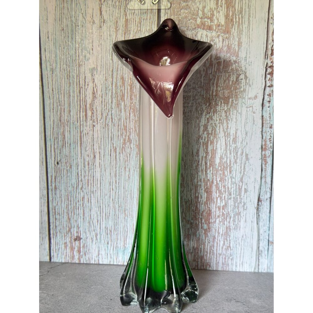Jack-In-The-Pulpit Hand-Blown Art Glass Vase Green & White Ombre w/Purple Rim 12